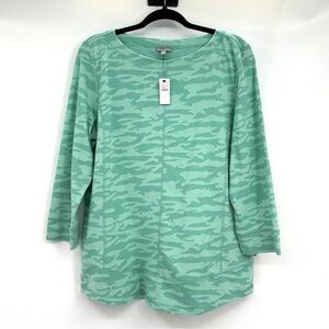 T By Talbots Women’s Camo Jacquard Quarter Sleeve Pullover Top Shirt Large NWT
